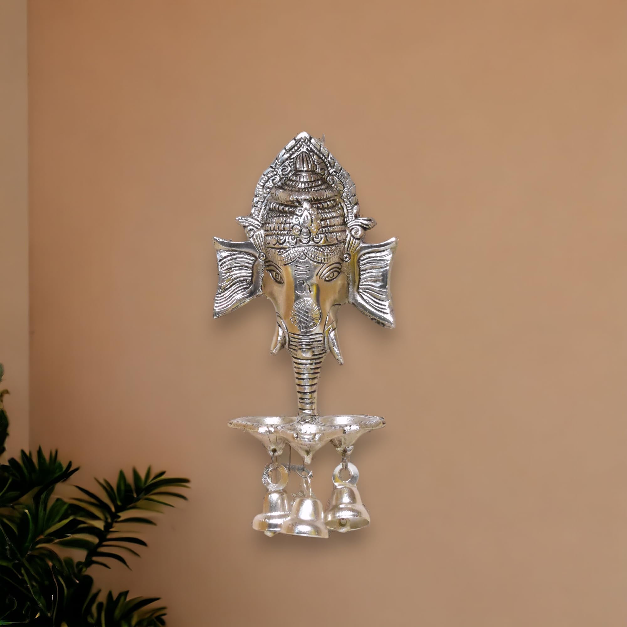 Dreamkraft Aluminium Antique Look Statue/Idol Ganesh Wall Hanging With DiyaS And Bells, Weight - 180 Gms